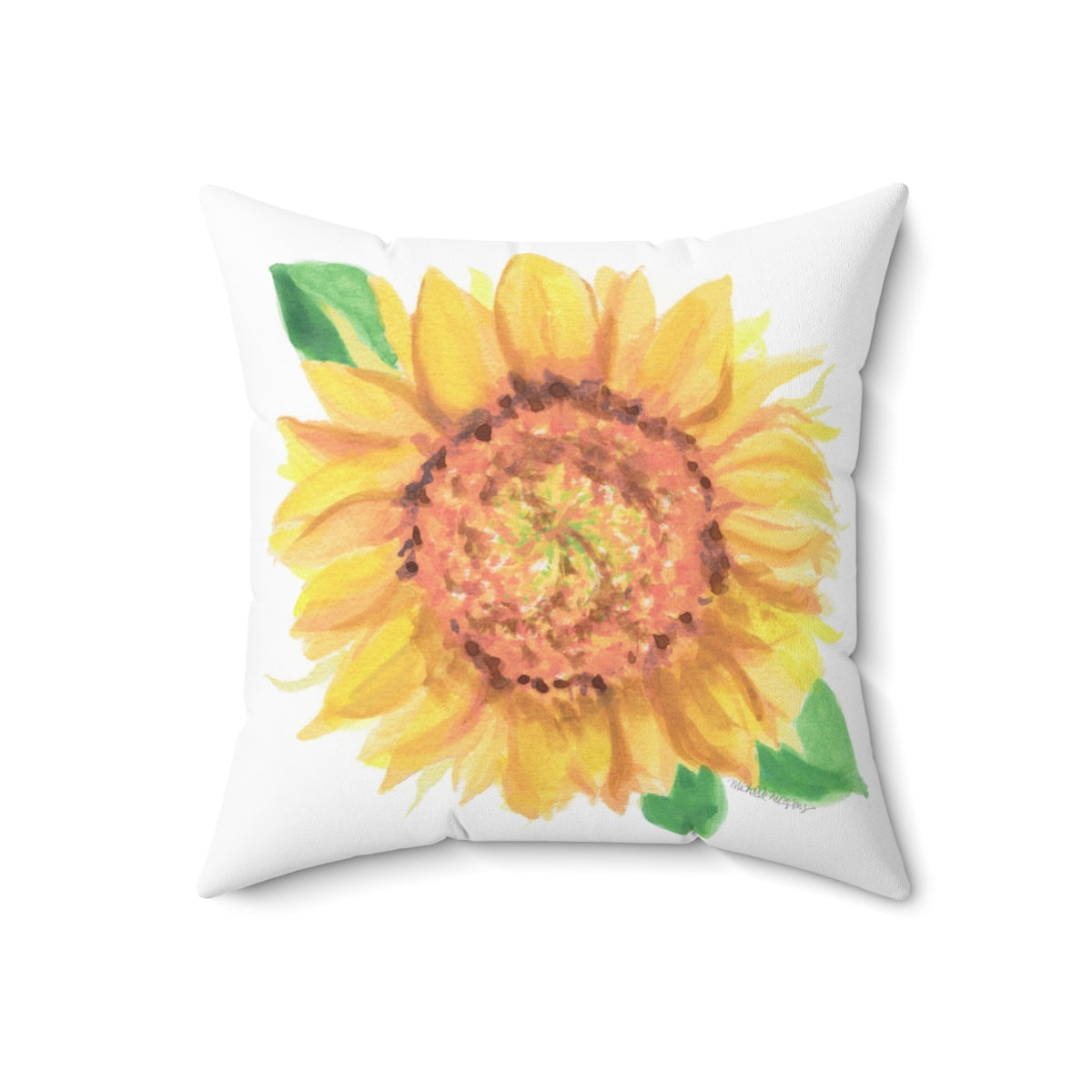 Watercolor Sunflower Bloom Square Pillow by Artist Michelle Mospens