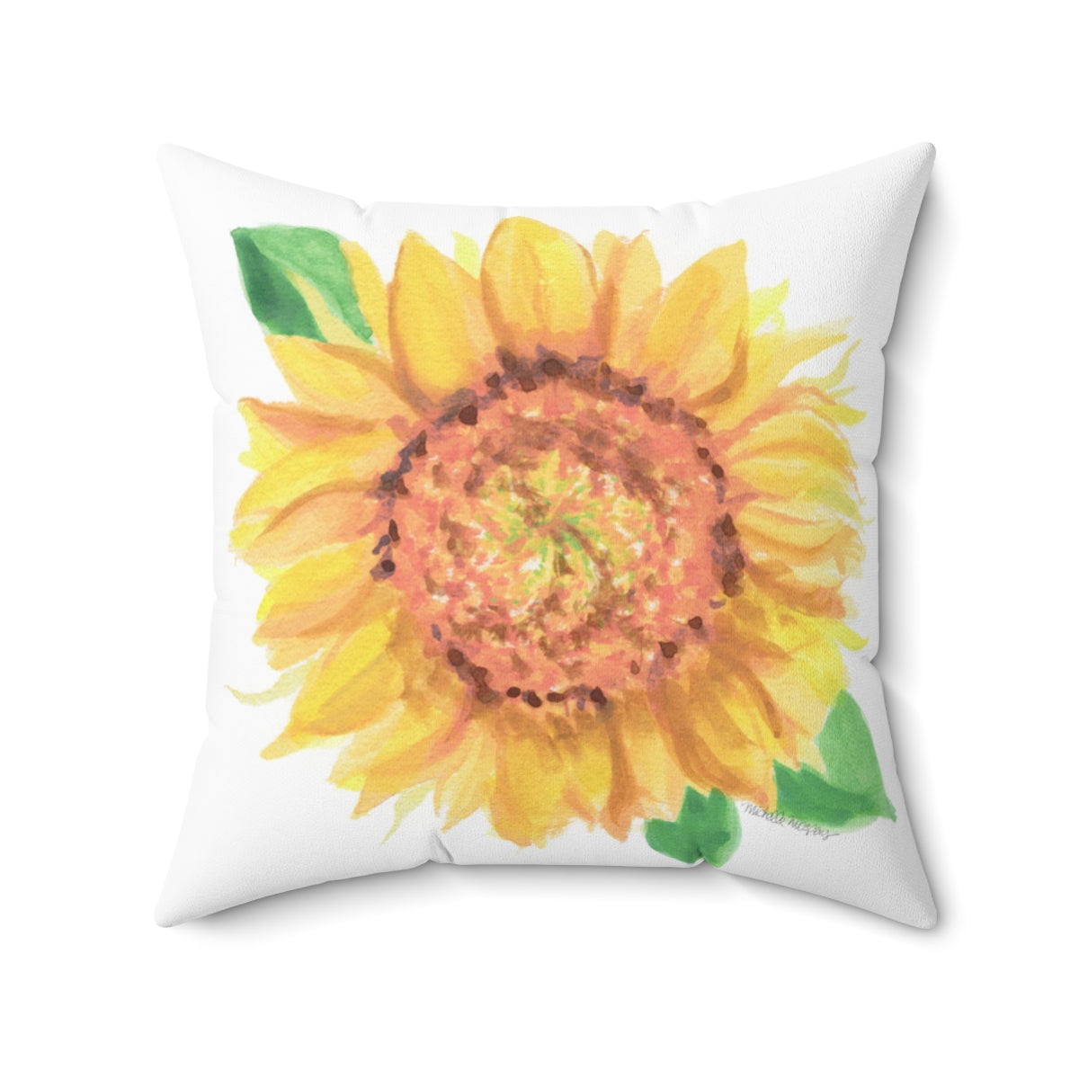 Watercolor Sunflower Bloom Square Pillow by Artist Michelle Mospens