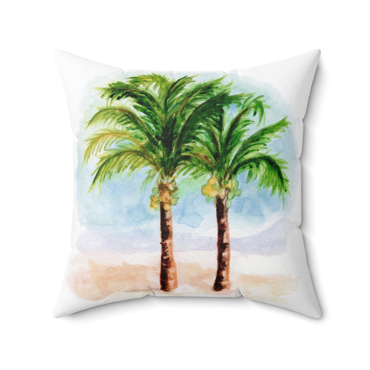 Watercolor Tropical Palm Trees Square Pillow by Artist Michelle Mospens