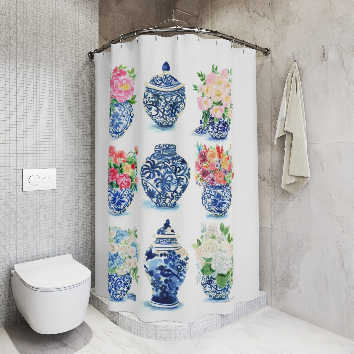 Watercolor Grandmillennial Chinoiserie Ginger Jars Shower Curtain