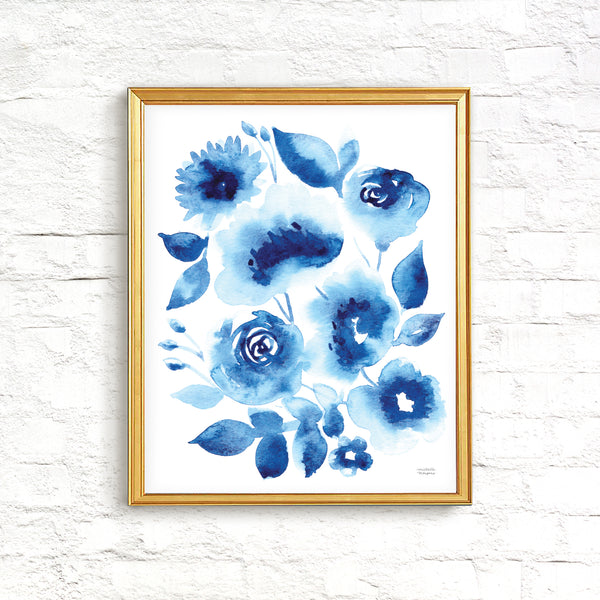 Abstract Indigo Blue Florals Watercolor Print