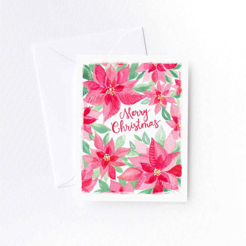 Watercolor Floral Poinsettias Merry Christmas Card