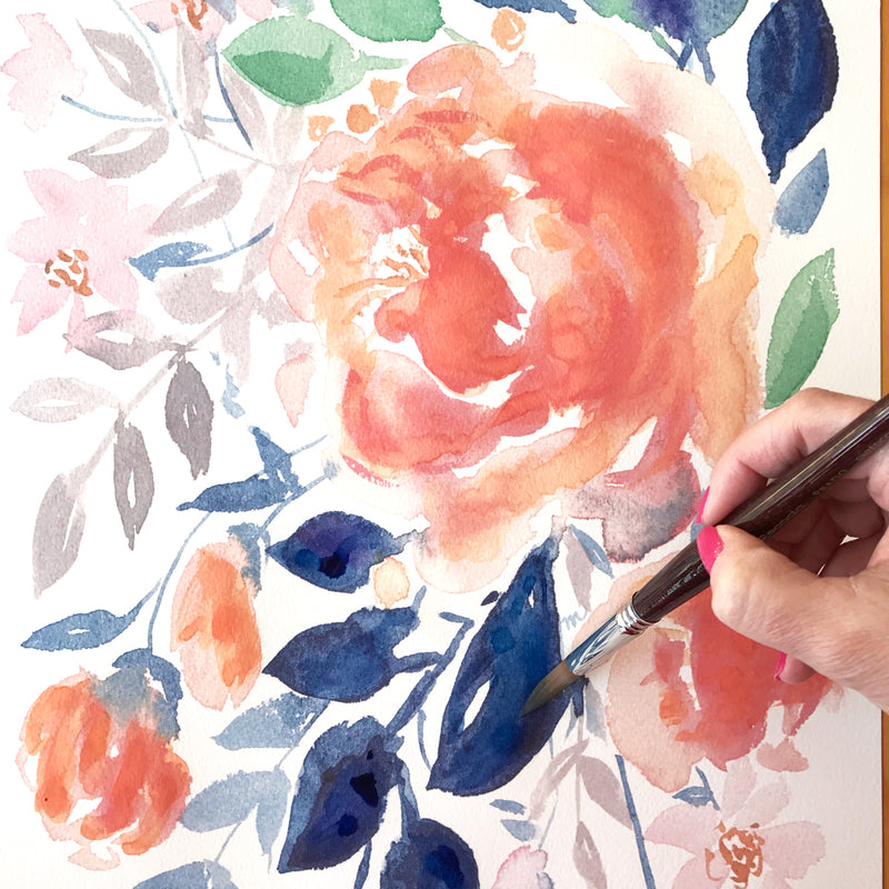 Foglie Blu Watercolor Flowers Art Print