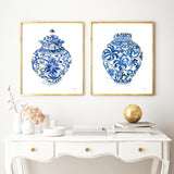 Blue and white chinoiserie ginger jars watercolor painting wall art print set of 2 by artist Michelle Mospens.