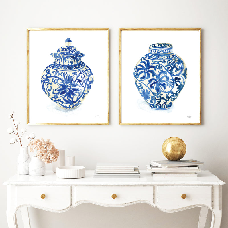 Blue and white chinoiserie ginger jars watercolor painting wall art print set of 2 by artist Michelle Mospens.