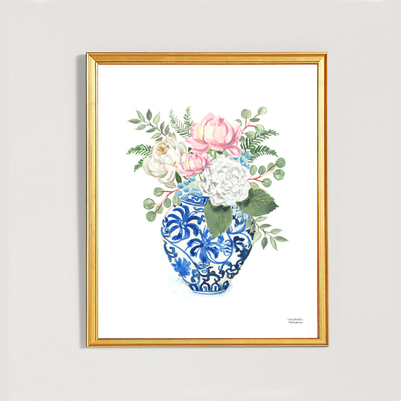 Watercolor ginger jar blue and white vase with flowers by watercolor artist Michelle Mospens.