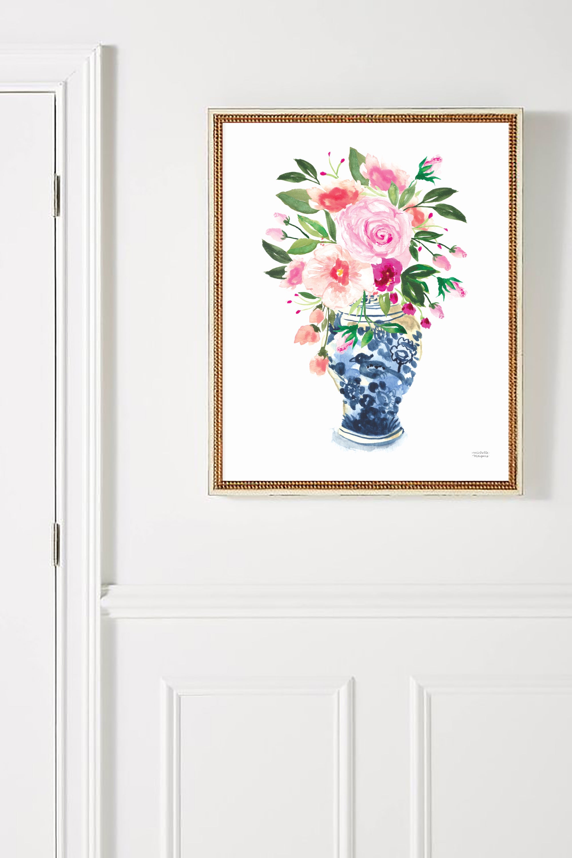 Watercolor Ginger Jar No9 with Flowers Art Print