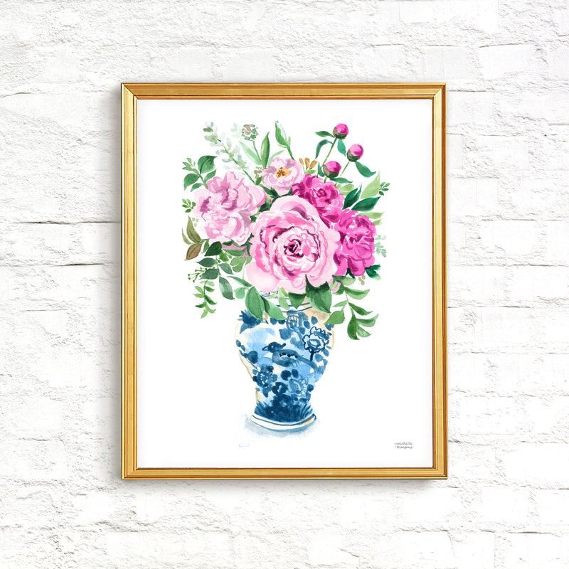 Watercolor Ginger Jar No10 with Pink Flowers Art Print