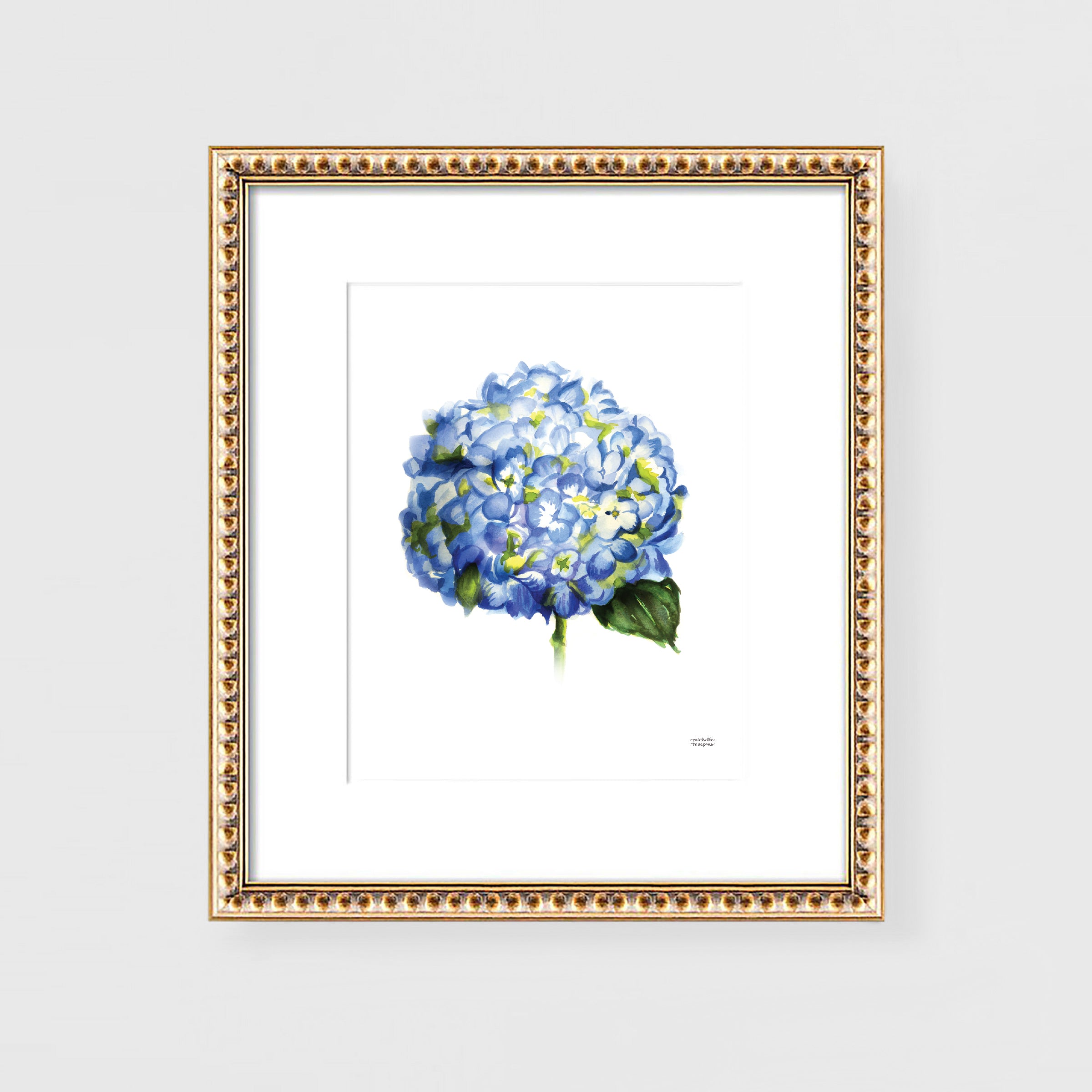 Blue Hydrangea Floral Watercolor Wall Art Print by artist Michelle Mospens.