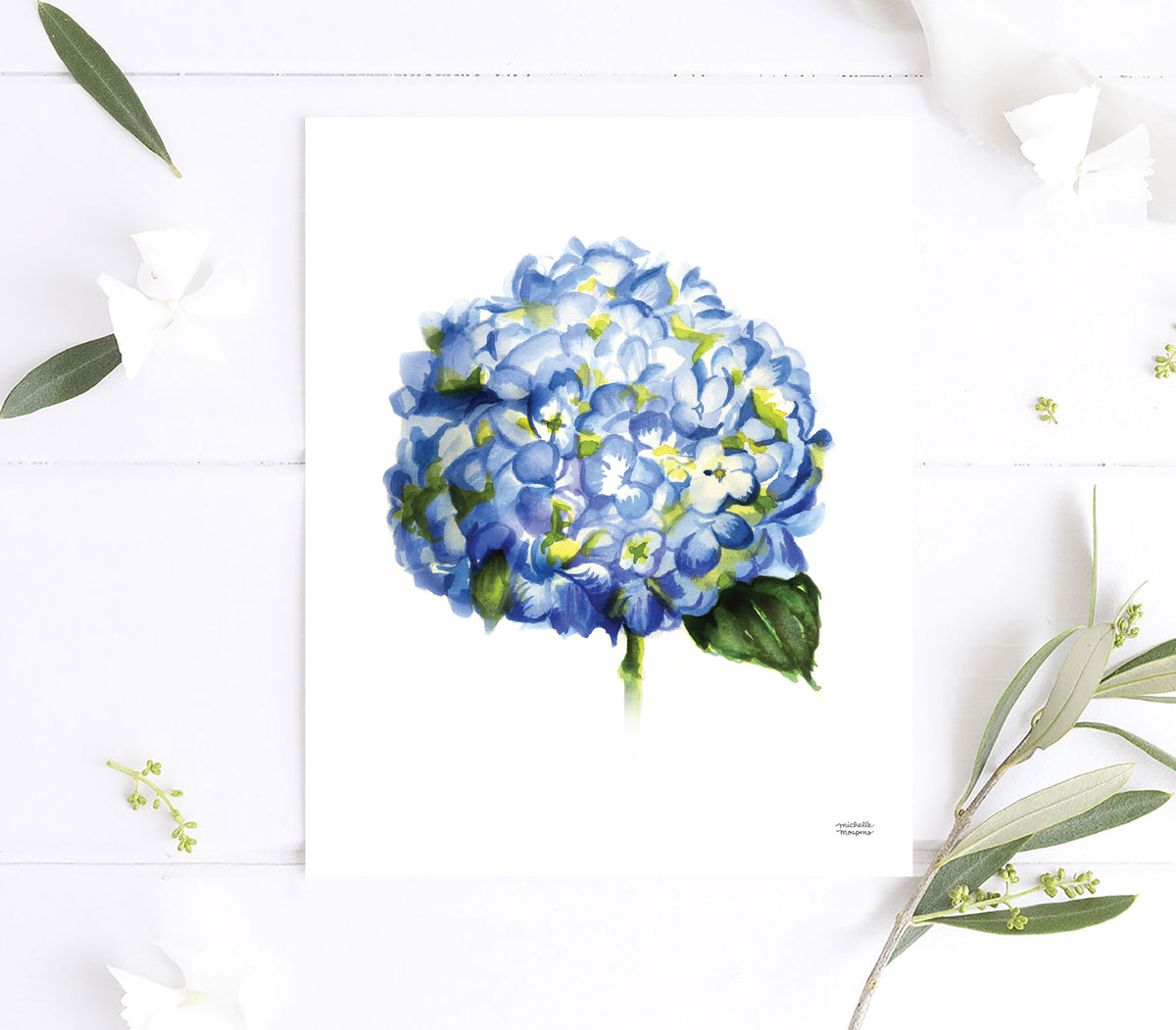 Blue Hydrangea Floral Watercolor Wall Art Print | Michelle Mospens