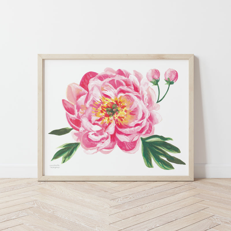 Watercolor pink peony bloom flower wall art print.