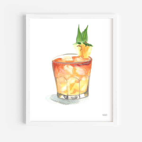 Mai Tai Rum Cocktail Watercolor Art Print | Bar Cart Decor