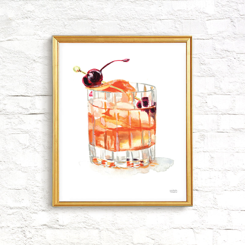 Watercolor Old Fashioned Whiskey Cocktail Wall Art Print | Bar Cart Decor
