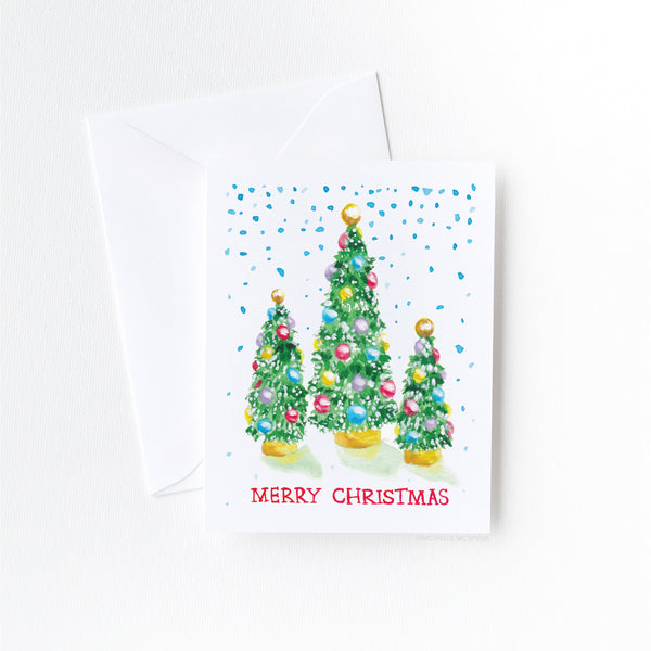 Watercolor Retro Christmas Trees Merry Christmas Card