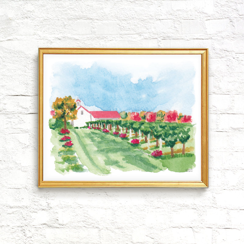 New England Winery Watercolor Landscape Wall Art Print