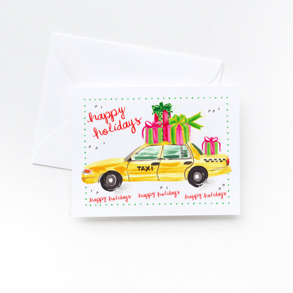 Watercolor City Taxi Happy Holidays Christmas Card