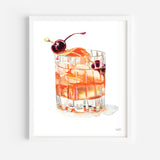Watercolor Old Fashioned Whiskey Cocktail Wall Art Print | Bar Cart Decor, Whiskey Lover Gift