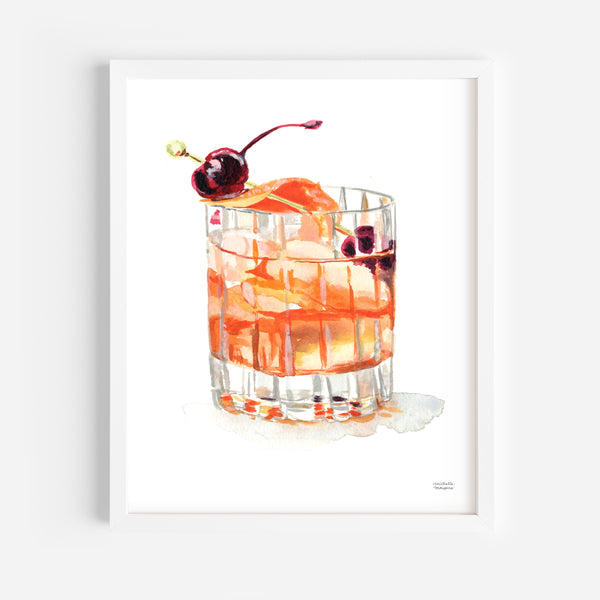 Watercolor Old Fashioned Whiskey Cocktail Wall Art Print | Bar Cart Decor