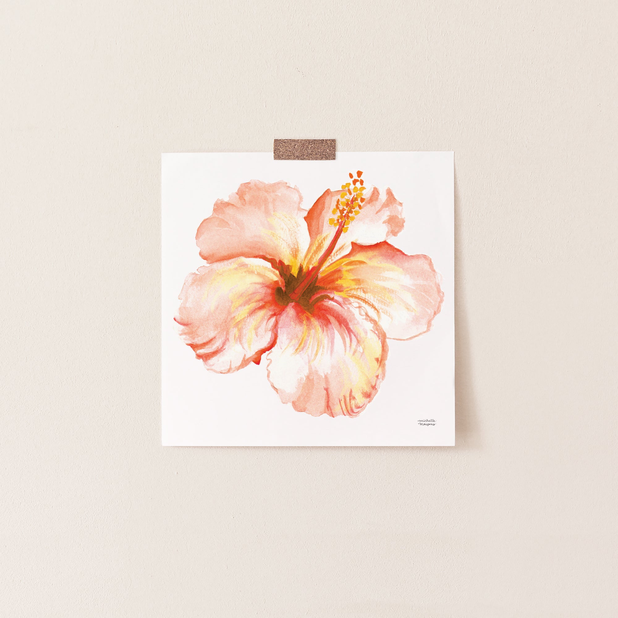 Tropical Peach Hibiscus Flower Watercolor Print by artist Michelle Mospens