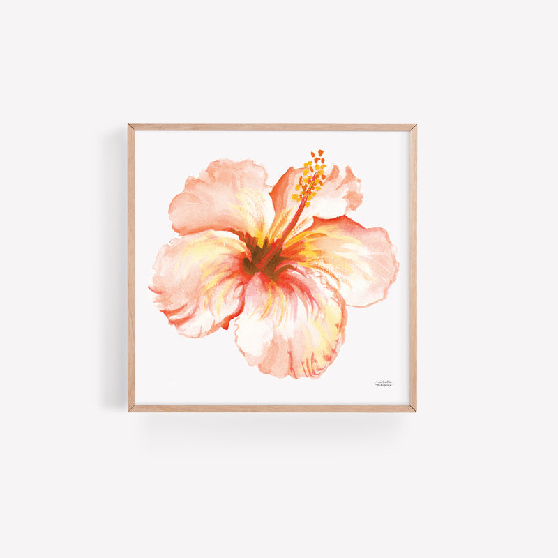 Tropical Peach Hibiscus Flower Watercolor Print by artist Michelle Mospens