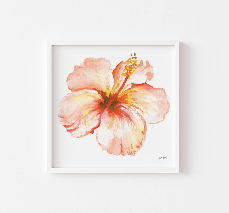 Tropical Peach Hibiscus Flower Watercolor Print by artist Michelle Mospens