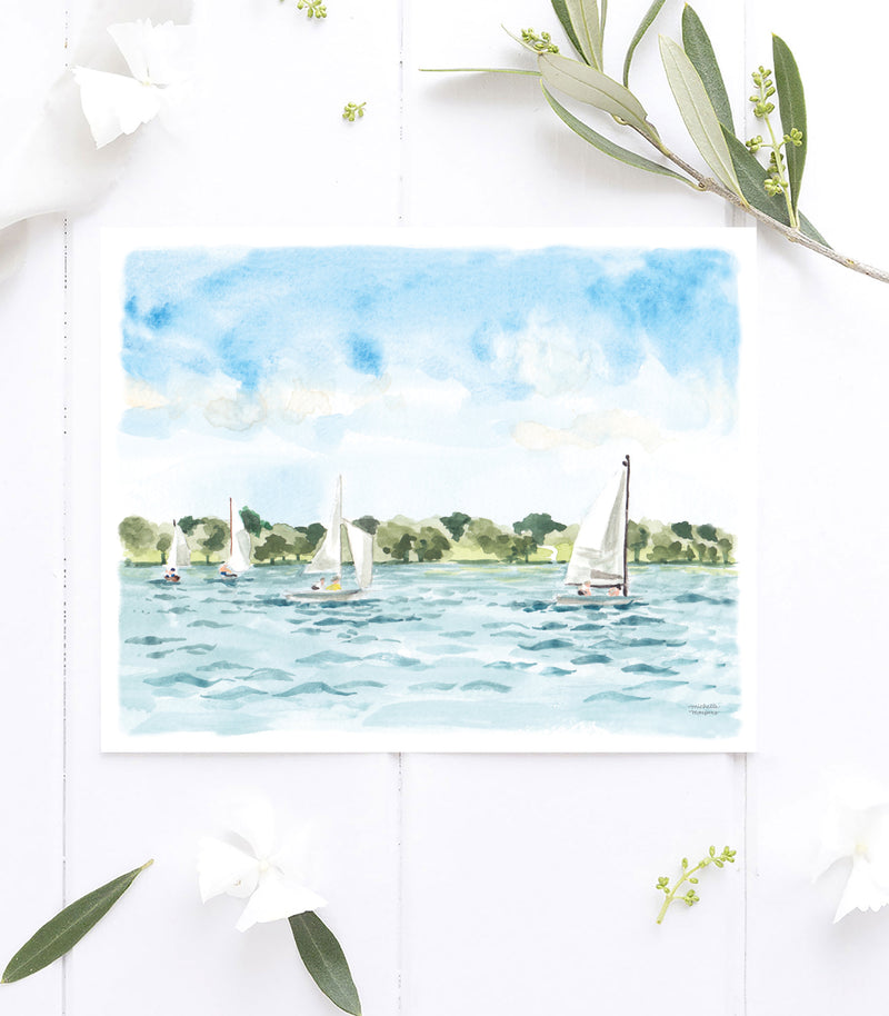 Sailing No. 1 Sailboats Watercolor Painting Art Print by Michelle Mospens.