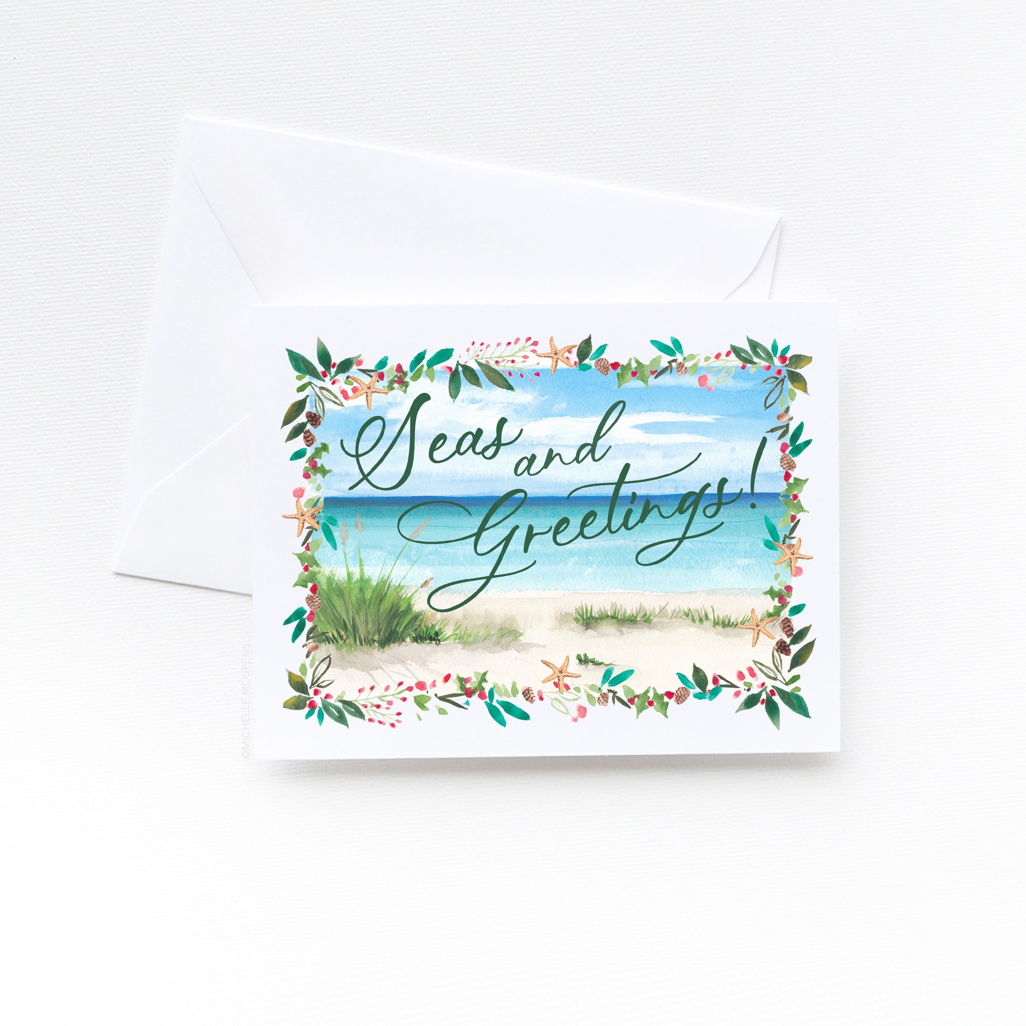 Watercolor Beach Seas and Greetings Christmas Card