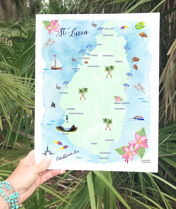 St. Lucia Map Art Print - Watercolor by Michelle Mospens