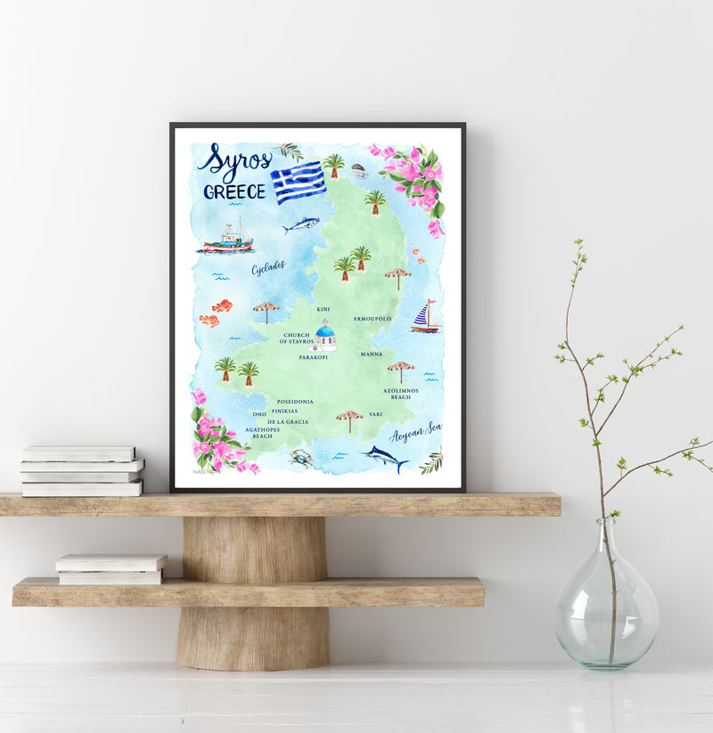 Syros Greece Map Art Print - Watercolor by Michelle Mospens