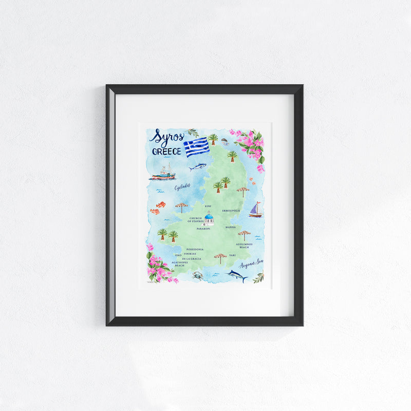 Syros Greece Map Art Print - Watercolor by Michelle Mospens