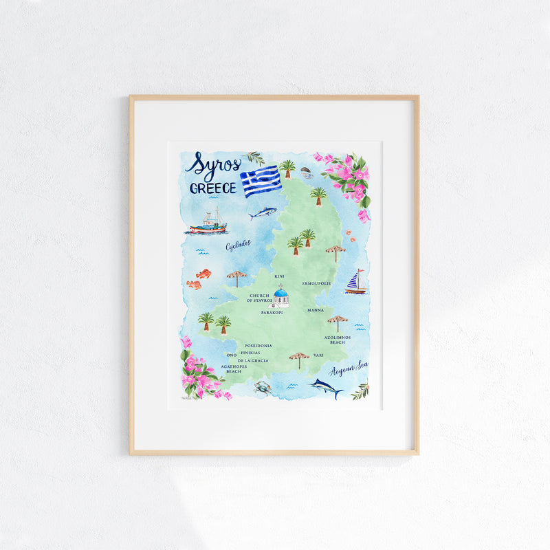 Syros Greece Map Art Print - Watercolor by Michelle Mospens