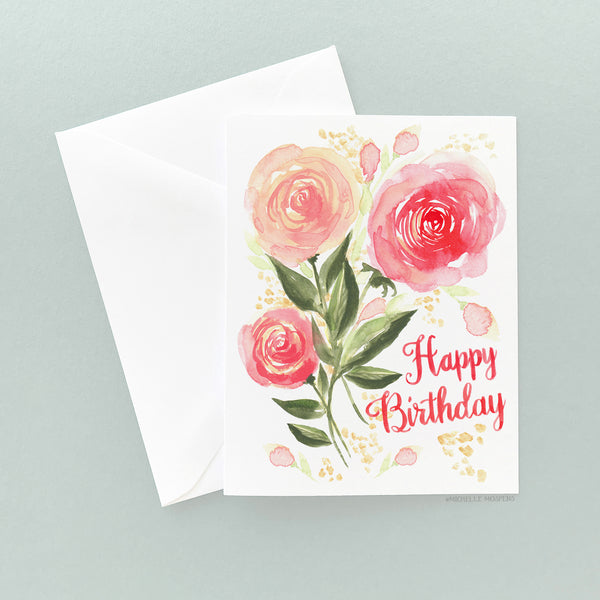 Happy Birthday Red Rose Birthday Card Flower Birthday Card 