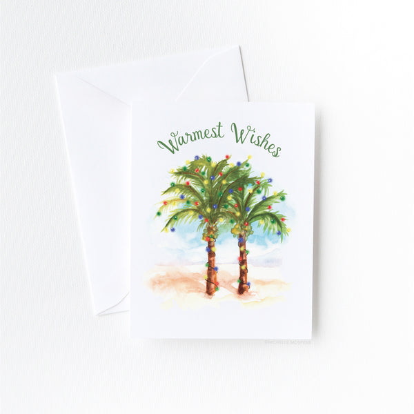 Watercolor Warmest Wishes Coconut Palm Trees Holiday Greeting Card