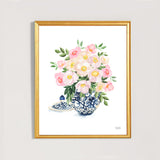 Two paper art prints with pastel flowers in blue and white ginger jars. Watercolor whimsical illustrations perfectly match the traditional Grandmillennial home decor. Unframed ready for you to add to your own matt and or frame you have at home.