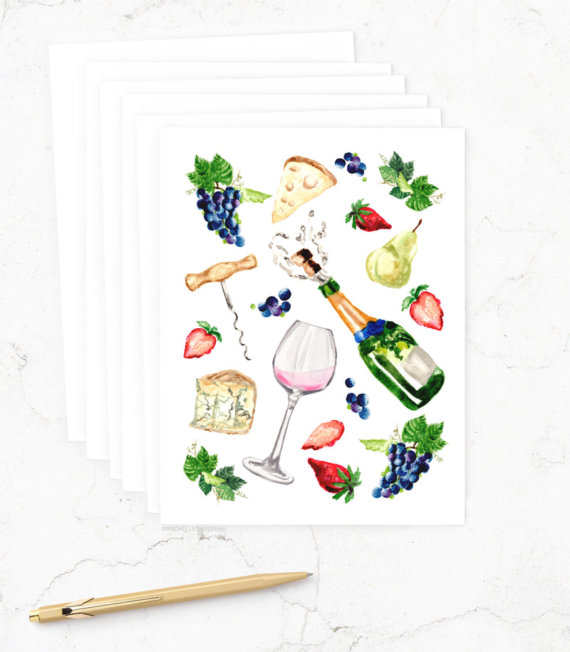 Set of Illustrated Wine Theme Note Cards: Cute Watercolor Wine Stationery Notecards (Stationary)