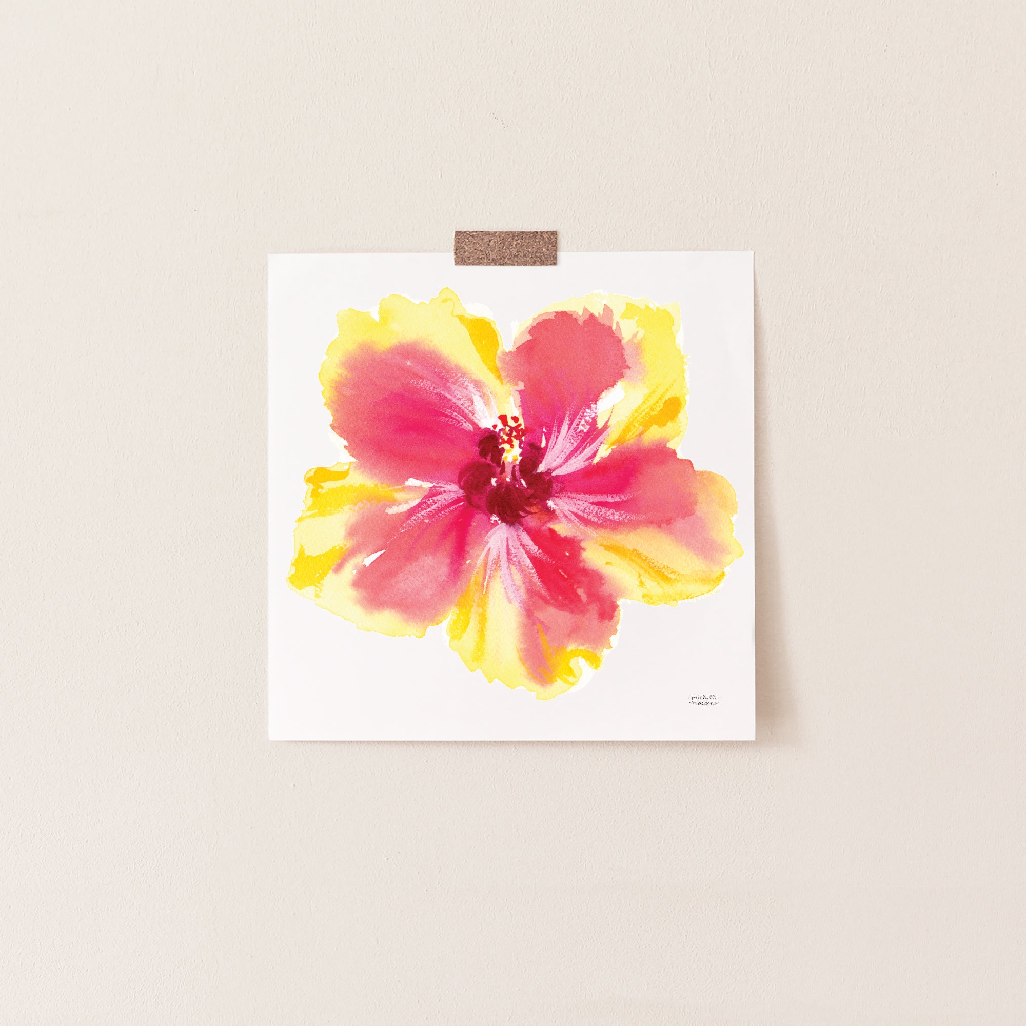 Tropical Yellow Coral Hibiscus Flower Watercolor Print by artist Michelle Mospens