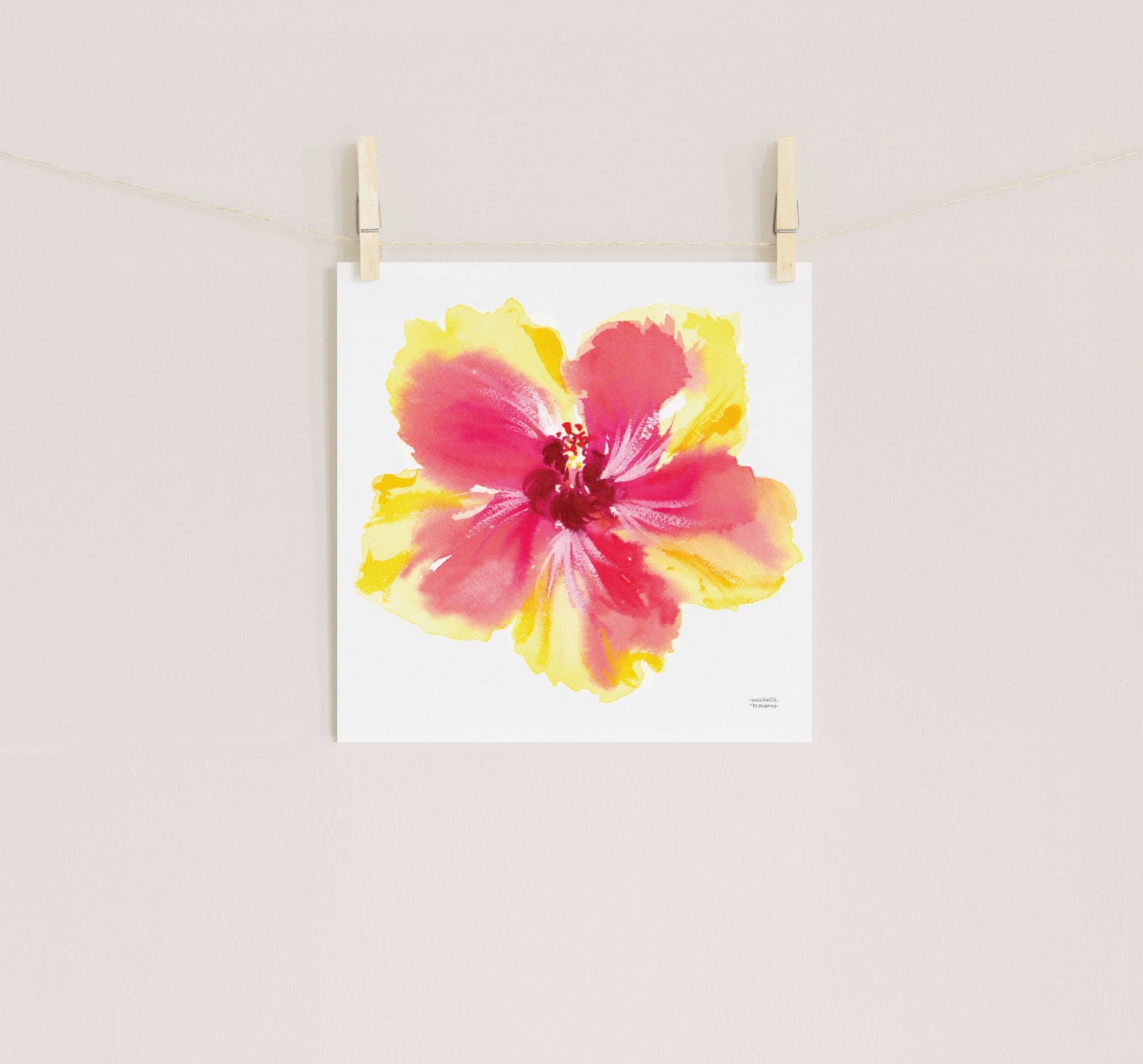 Tropical Yellow Coral Hibiscus Flower Watercolor Print by artist Michelle Mospens